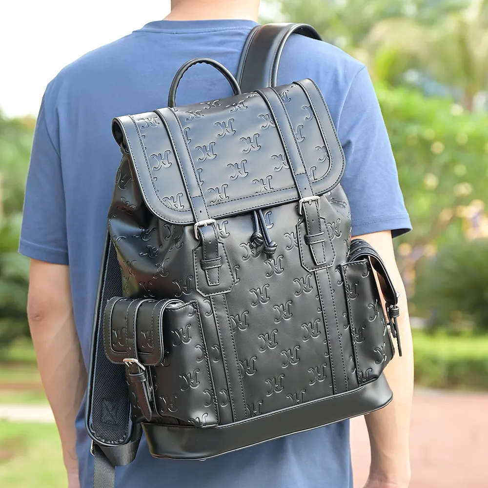 Luxury High-end Full Embossed Back Packs Big Capacity Rucksack Bags Black Vegan Pu Leather Custom Backpack with Logo