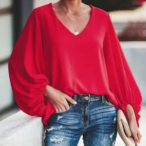 Popular Custom 100% Polyester Solid V-neck Lantern Sleeve Loose Plus Size women shirts blouses and tops