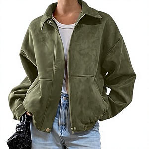 Veste en daim vert olive pour femme, manches longues, col montant, fermeture éclair, style automne - Product Image 1