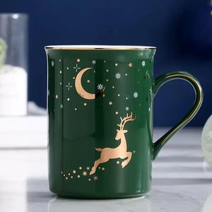 Taza de Café de Cerámica Dorada con Diseño Nórdico de Reno, Luna y Estrellas, Asa Dorada, 400 ml + Tapa, Cuchara, Apta para Lavavajillas, Gran Capacidad - Product Image 5