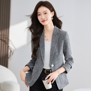 Women's Casual Blazer Gray Solid Color Polyester Worsted Anti-Wrinkle Spring Autumn 2024 Short Fit High-End Feel - Product Image 2