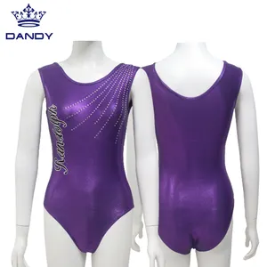 Toptan yüceltilmiş logo sanatçı jimnastik leotard metalik kumaş özel kızlar için dans inşa vücut giyim ile rhinestone