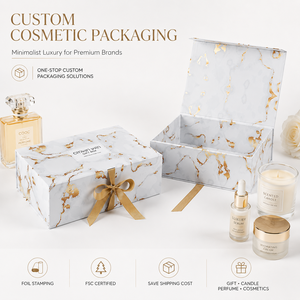 Boîte à vêtements en papier avec fermeture magnétique de luxe personnalisée, pliable, en marbre, avec ruban - Product Image 1