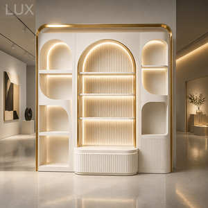 Modern Cream Arched Retail Showcase Back <b>Wall</b> Display Cabinet LED Lit Fluted Shelving <b>Unit</b> for Salon Boutique Cosmetic Store - Product Image 1
