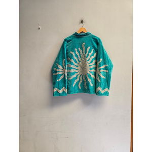 Veste zippée en velours bleu sarcelle pour femme, col mandarin, épaules tombantes, broderie soleil, manteau d'automne - Product Image 2