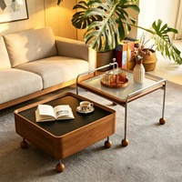 Table basse Bauhaus Mid-Century en verre, plateau en bois massif, rangement, salon, petit appartement