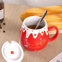 Mug à café en céramique avec couvercle et cuillère, motif fraise mignon, 450 ml, rouge rose, design Kawaii, cadeau original pour les fêtes