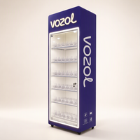 Présentoir métallique autoportant pour produits électroniques avec étagères multiples, poussoir et éclairage LED – Design moderne