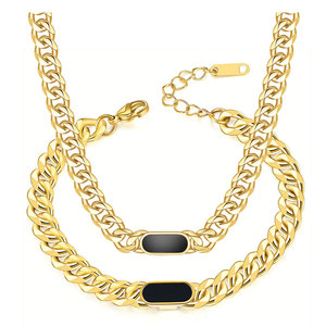 Stainless Steel Cuban Chain <b>Bracelet</b> And Necklace <b>Set</b> 18K Gold Plated 7Mm Inlaid Shell Fashion Jewelry For Women - Product Image 5