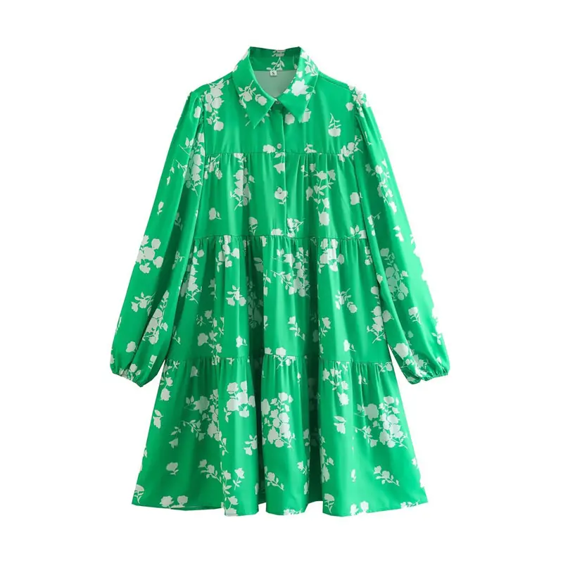 QZ3229 New 2022 Autumn Design Long Sleeve Floral Print Green Dress Women Dresses Clothing 9