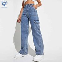 Jeans pour femmes YUANBOFEI de haute qualité, poche, jambe droite, jambe large, denim respirant, décontracté, taille haute, pantalon cargo