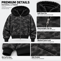 Veste à capuche zippée personnalisée, camouflage noir délavé, coupe oversize, capuche en fausse fourrure épaisse, style streetwear, fournisseur en gros pour marques