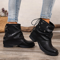Bottines pour femmes de style occidental à talons carrés épais, à enfiler, mode automne/hiver, doublure en maille, tige en PU, confortables, tendance, avec rivets