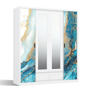Armoire en acier imprimé avec barre de suspension, miroir et 4 portes coulissantes - Product Image 2