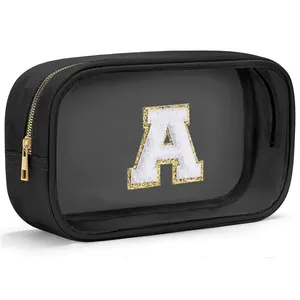 Bolsa Organizadora de Artículos de Aseo Transparente Rosa Personalizada, Impermeable, de PVC, con Cierre de Cremallera y Letra Bordada, Bolsa de Maquillaje Moderna - Product Image 6
