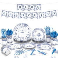 Haute qualité jetable bleu blanc mariage thème fête vaisselle moderne vente chaude nappe bannières pour décorations de fête