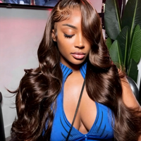 Perruque Lace Frontale HD 13x4 en Cheveux Humains Brun Chocolat Coloré, Ondulée, Pré-épilée, avec Baby Hair, Sans Colle