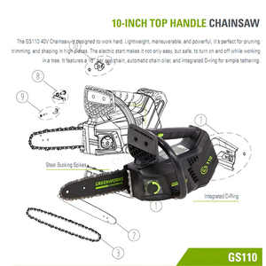 Greenworks <span class=keywords><strong>เลื่อย</strong></span><span class=keywords><strong>ยนต์</strong></span>แบบมือจับ40V, มอเตอร์แบบไม่มีแปรงถ่านบาร์ขนาด<span class=keywords><strong>10</strong></span><span class=keywords><strong>นิ้ว</strong></span>15เมตร/วินาที GS110<span class=keywords><strong>เลื่อย</strong></span>สำหรับมืออาชีพ - Product Image 2