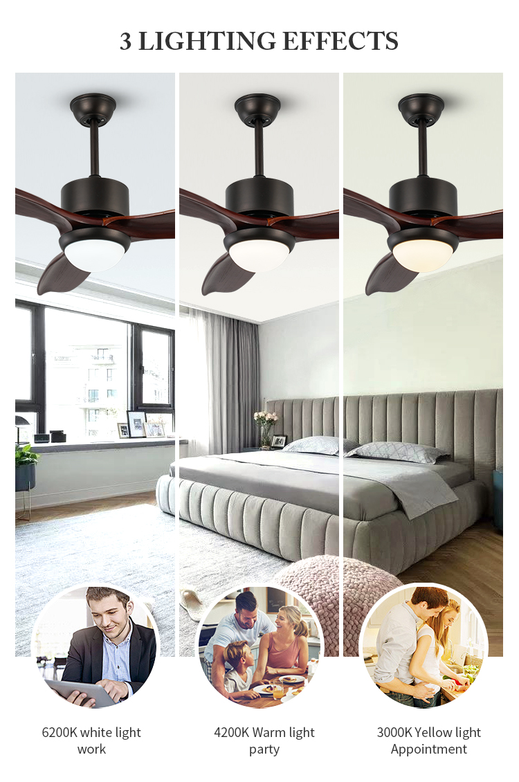 Electric ceiling fan with  ceiling fan 48 solid wood blades led wooden blade