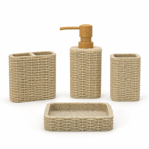 Ensemble d'accessoires de salle de bain en résine tressée style ferme, finition beige chaud, motif panier tressé - Product Image 1