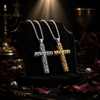 Kalung Hip Hop Perhiasan Baja Anti Karat Logam Berukir Pola Bunga Liontin Salib Kalung Salib Retro