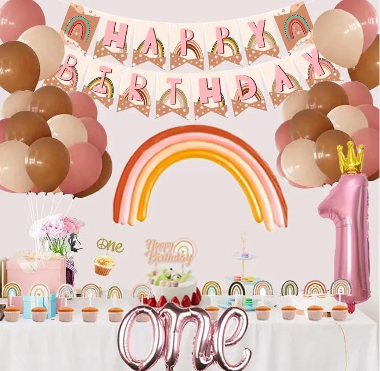 Tema bohémien baby boy una festa di compleanno fornisce kit di palloncini arcobaleno di elio striscione di buon compleanno cupcake toppers decorazioni