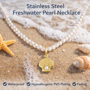 Collier en acier inoxydable avec perle d'eau douce, plaqué or PVD, hypoallergénique, pendentif coquillage, style plage - Product Image 3