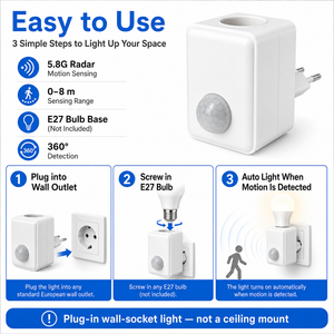 Adaptateur de douille E27 intelligent avec capteur de mouvement radar 5.8G, support de lampe à activation automatique par détection de mouvement pour couloir, escalier, chambre - Product Image 5