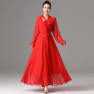 2021 पर्यावरण के अनुकूल फैशन रनवे मैक्सी कपड़े महिलाओं की लंबी आस्तीन धनुष गर्दन विंटेज लाल सुरुचिपूर्ण गोद भराई पार्टी पोशाक