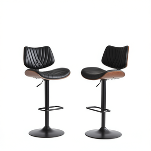 Tabourets de bar réglables de style moderne du milieu du siècle avec revêtement en cuir noir et cadre en bois de noyer, pivotants à 360 degrés, base ronde en métal - Product Image 1