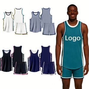 Ensemble short et maillot de basketball pour homme adulte, 100 % polyester respirant, antibactérien, imprimé personnalisé par transfert thermique sur le devant, sans manches - Product Image 1