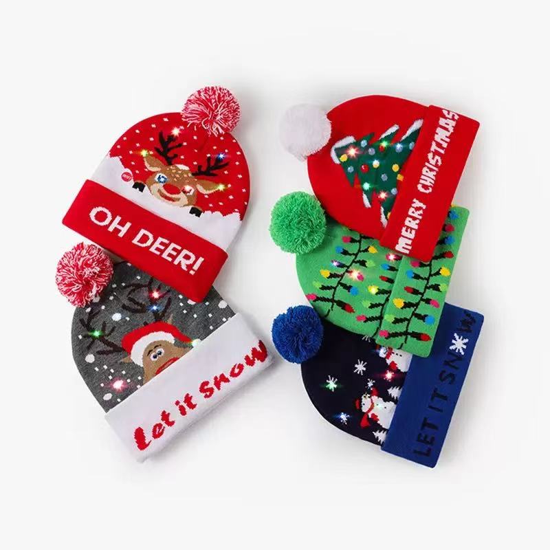 DD Christmas Hat LED Light-Up Sweater Knitted Santa Hat Christmas Gift Party Pompom Luminous Knitted Hat
