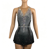 Costume de patinage artistique pour enfants et adultes, robe en maille sans manches à col en V dégradé gris et noir avec strass pour spectacle sur glace