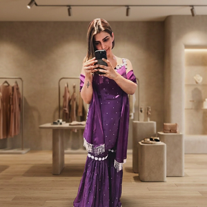 Traje Gharara Chanderi Morado Premium con Delicado Trabajo de Perlas, Secado Rápido, Silueta Elegante para Ocasiones Tradicionales de Fiesta en India - Product Image 3