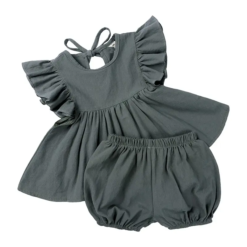 Children summer cotton linen flutter tops shorts clothes set boutique kids girl ruffle dresses outfit baby girls clothing sets