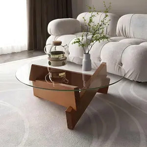 Creative Log Coffee Center Table Side Table With Open Shelves For Storage Glass And Solid Wood Coffee Table