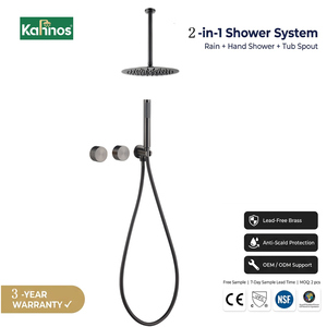 Sistema de ducha empotrado color bronce con cabezal de lluvia redondo montado en el techo y ducha de mano, control de doble perilla, válvula de latón para baño - Product Image 1