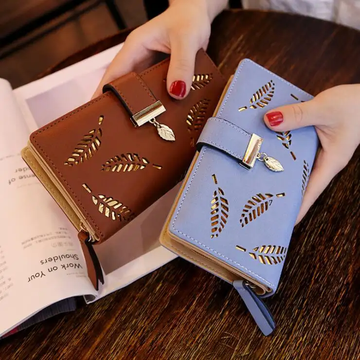 Hollow Out Leaf Pattern Ladies Purse with Mobile Phone Holder Zip Around Wallets Women Trifold Wallet Woman Fashion