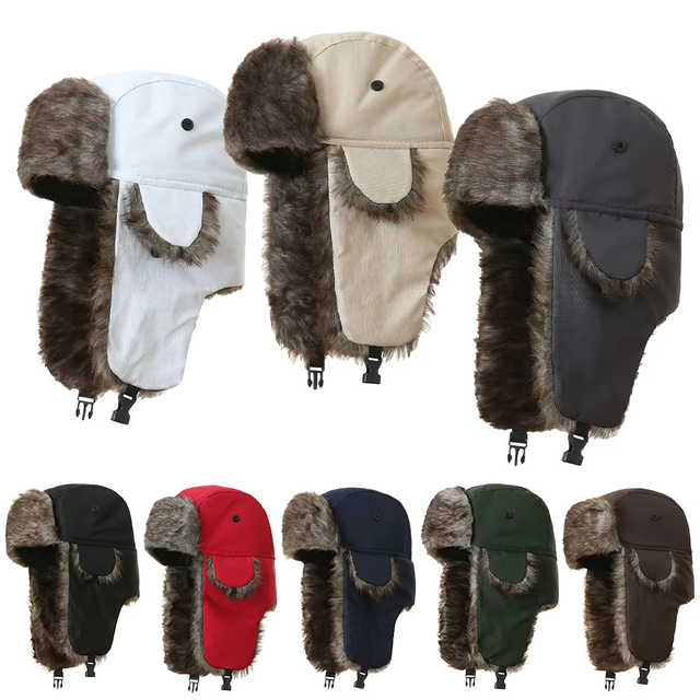 Warm Mens Women Trapper Cap Trooper Earflap Winter Flaps Ski Hat Bomber Hats Russian Ski Hat Faux Fur Hats