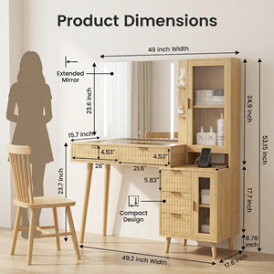 Coiffeuse Bohème avec Miroir et Lumières, Couleur Chêne, Table de Maquillage Cannelée avec Plateau en Verre Moderne pour Chambre <span class=keywords><strong>à</strong></span> Coucher - Product Image 2