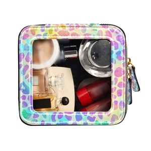 Portable Leopard Print PU Leather Lady Outdoor Mini Cosmetic Case Travel Small Custom Design <b>Makeup</b> Bag With Clear Windows - Product Image 2