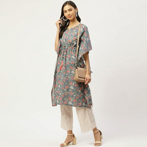 High Quality Designer Cotton Floral Printed <b>Kaftan</b> <b>Summer</b> Daily Wear Regular Fit Sweetheart Neck Washable Three Quarter Sleeves - Product Image 1