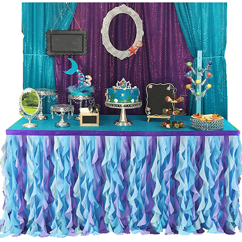9ft Round Tables Chiffon Table Decorations for Mermaid Birthday Party Baby Shower Ruffle Table Skirting