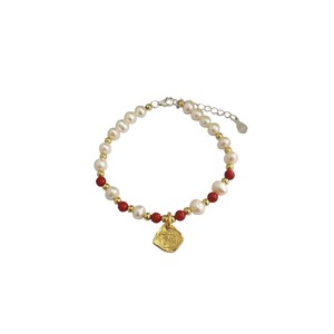 Yinruitai S925 Sterling Silver Pearl <b>Bracelet</b> With Red <b>Beads</b> And Gold Shield Charm For Women Everyday Wear - Product Image 5