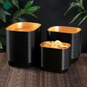 Barquette de luxe noire et or 48 oz (10x8 po) durable pour desserts, avec couvercles en PET, boîte repas en aluminium pour plats à emporter - Product Image 3