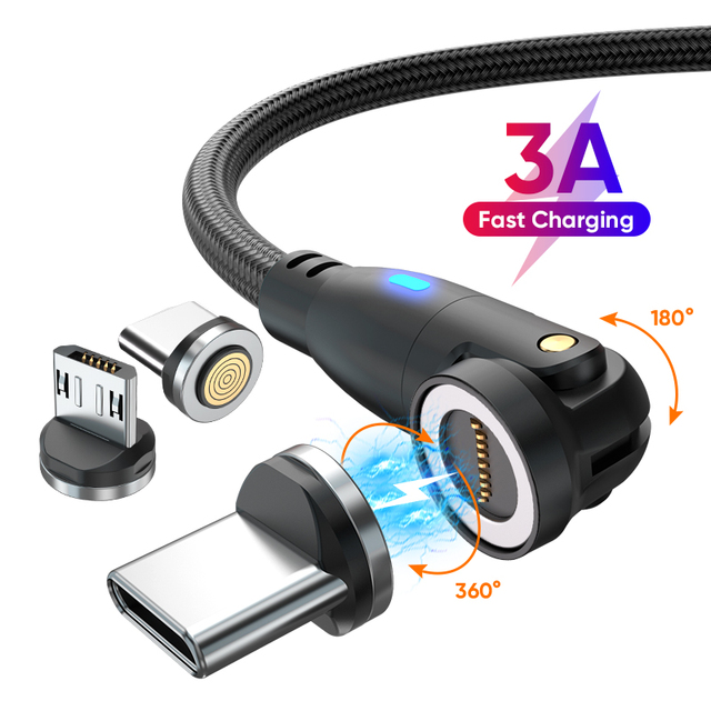 Custom Logo 180 360 540 Degree Free Rotating L Shape 9-Pin Fast Charging Magnetic USB Charger Cord Data Cable with LED Indicator