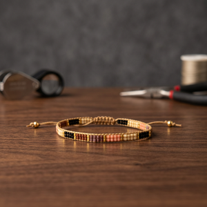 Bracelet artisanal Sstringz en perles Miyuki Delica dorées, brunes et pêche, réglable, minimaliste et géométrique. - Product Image 1