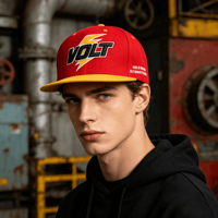 Fournisseur en gros d'accessoires vestimentaires – Casquette Snapback bicolore rouge et jaune VOLT Lightning Street Hip Hop avec broderie 3D structurée en relief