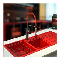 Évier de Cuisine Rouge FLG avec Égouttoir, en Pierre de Quartz, Grande Double Cuve, en Granit, pour Cuisine, Bac Unique