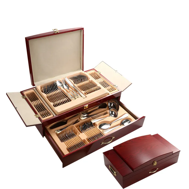 C091 scatola da imballaggio portatile in legno da campeggio oro 72 pezzi set di posate in acciaio inox